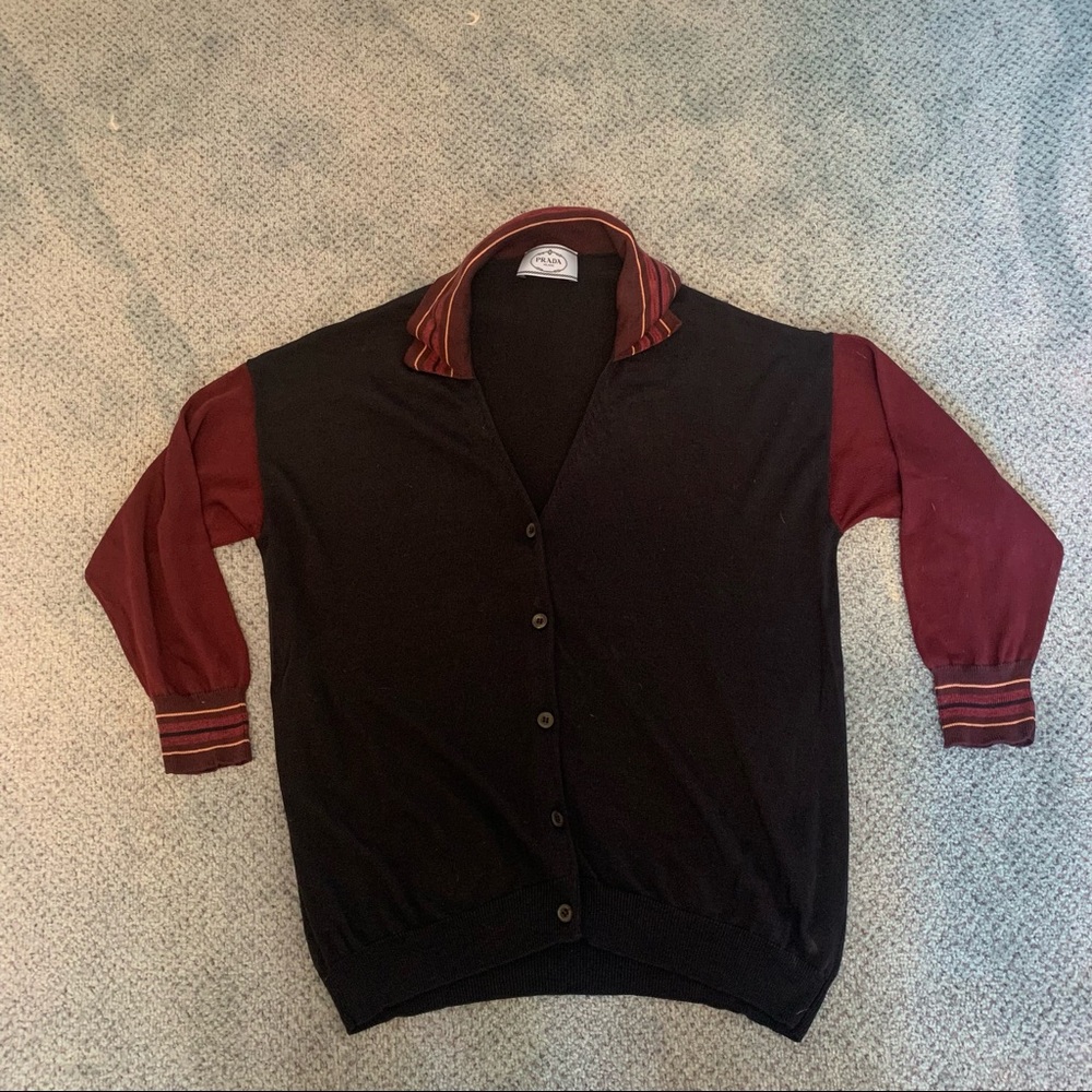 Prada Black Cardigan with Burgundy Striped Collar and Sleeves 100% Silk
